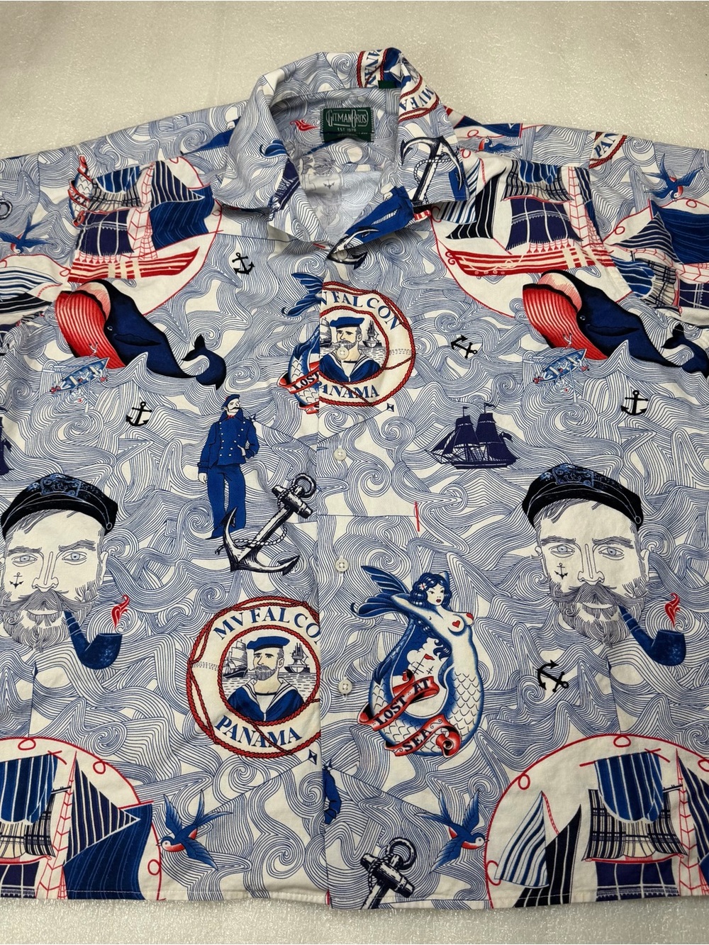 Vntg Gitman Bros Mens XL Shirt Nautical Short Sleeve Mermaid Coast Sailor Rare